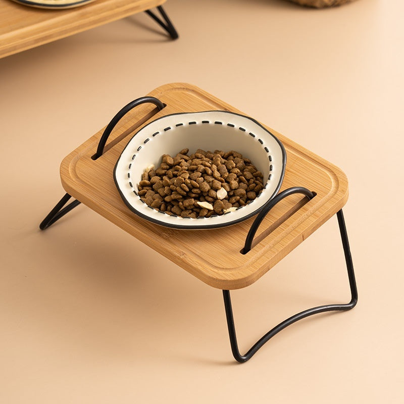 Pet Wooden Rack Ceramic Cat Bowl