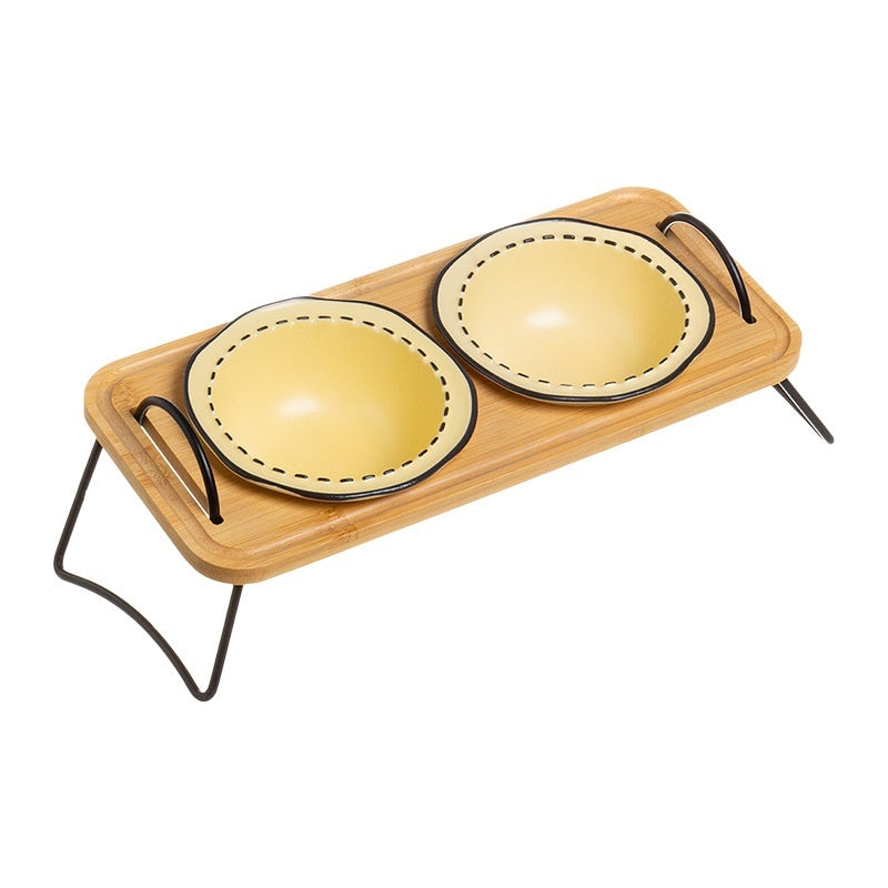 Pet Wooden Rack Ceramic Cat Bowl